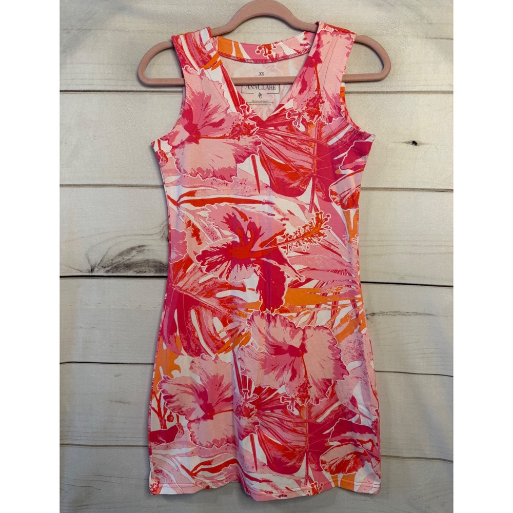 Anaclare Pink Orange Hibiscus Floral Tropical V-Neck Sleeveless Mini Dress XS